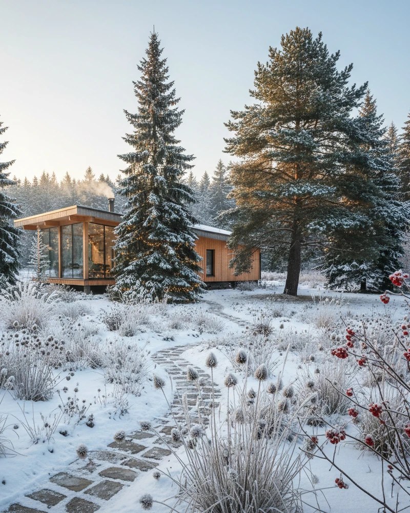 загородный дизайн участка в зимнее время года